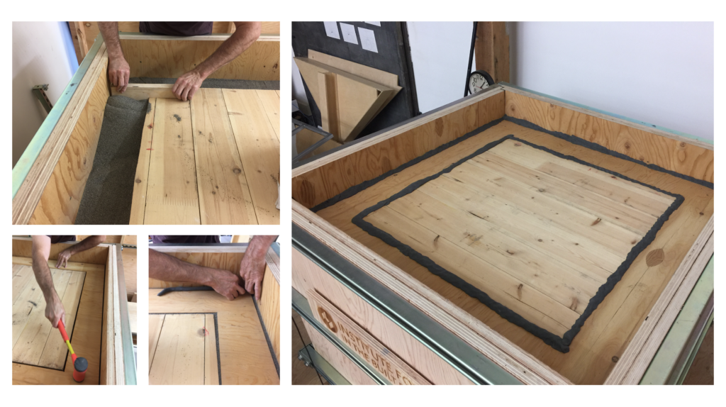 shows the process of installing a floor/ceiling mass timber sample into the micro acoustic chamber.